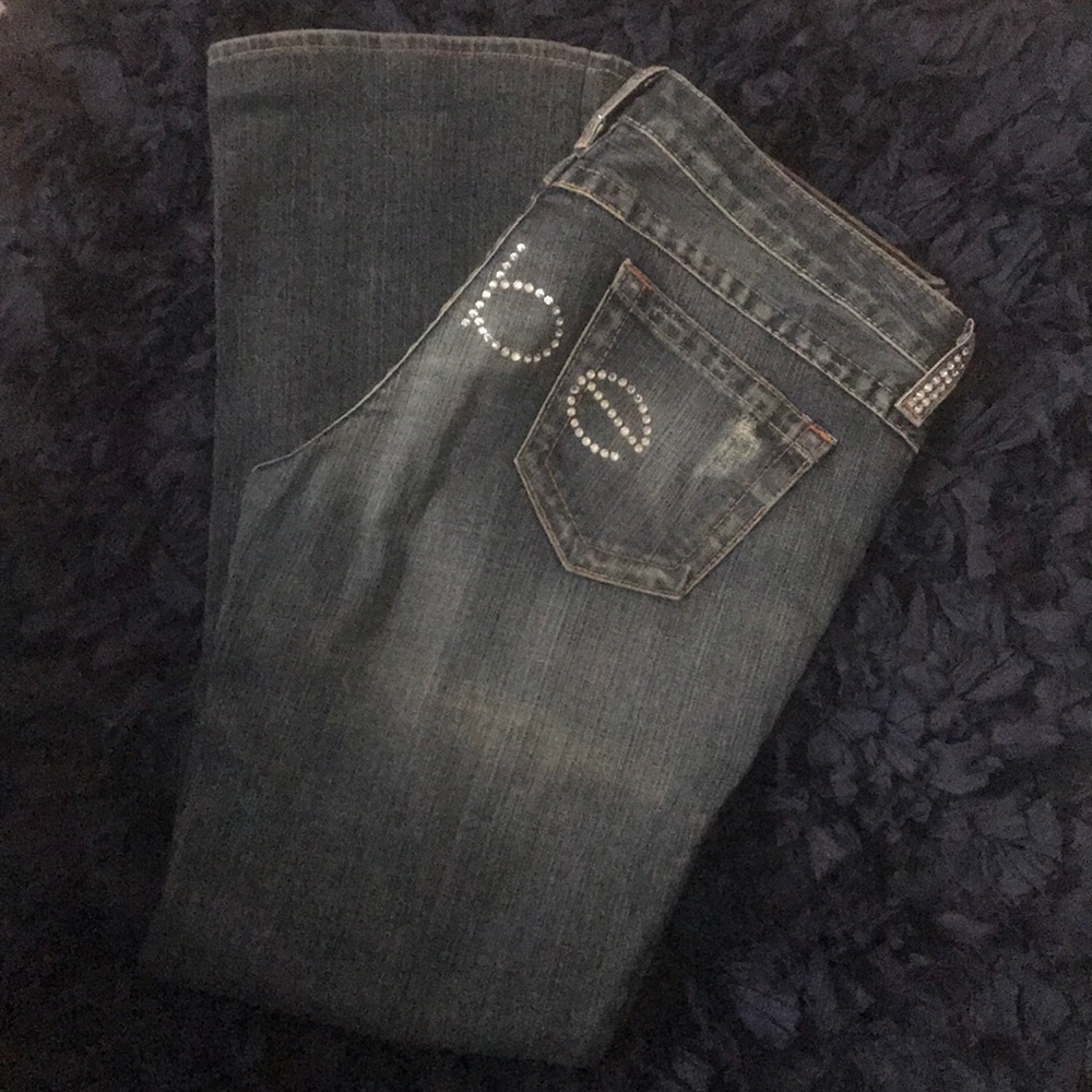 Bebe rhinestone logo distressed jeans